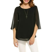 Womens Casual Scoop Neck Loose Top 3/8 Sleeve Chiffon Blouse Shirt Tops