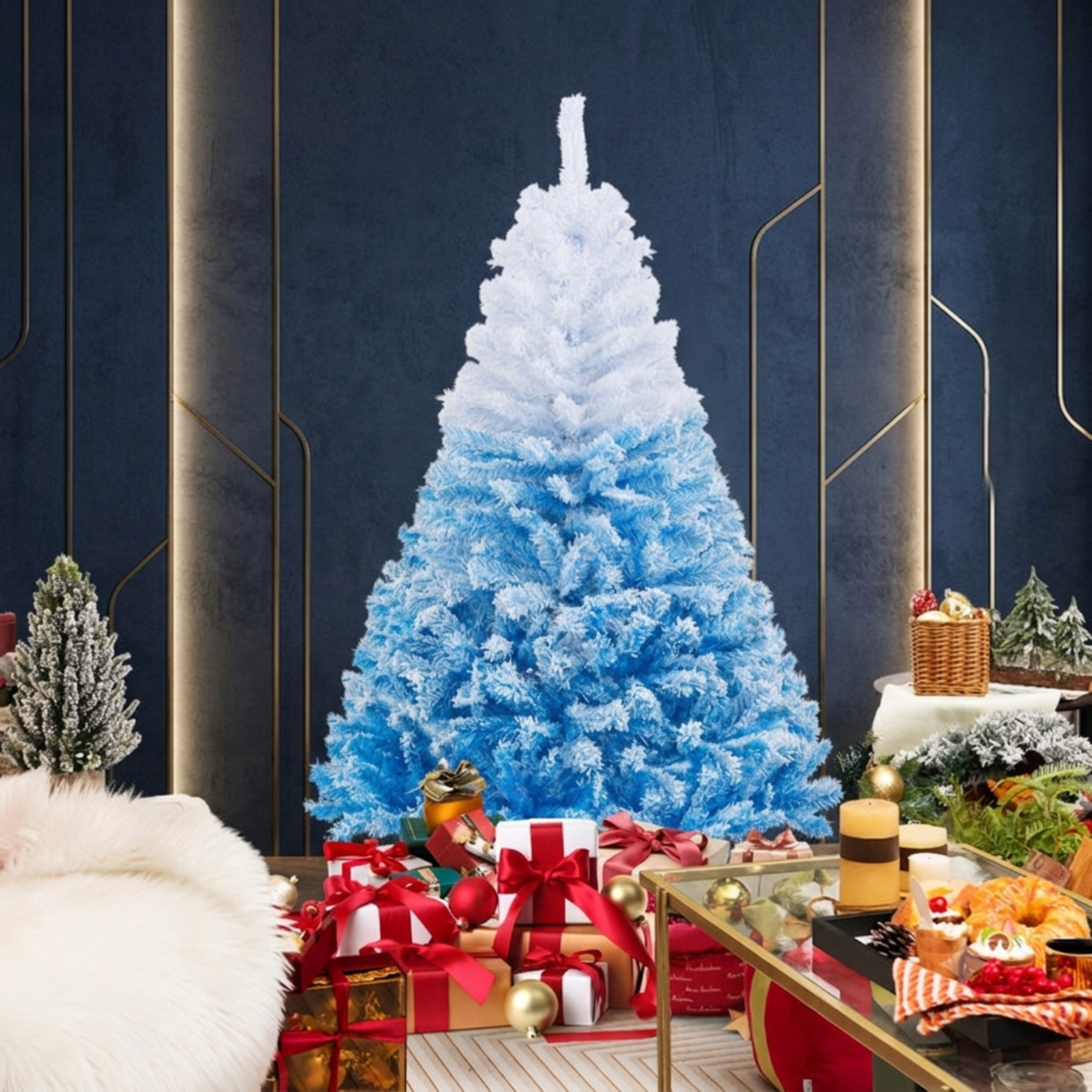 RUIE 6 ft White Blue Gradient Christmas Tree, Flocked Hinged Artificial Xmas Tree with 820 Branch Tips and Folding Metal Stand