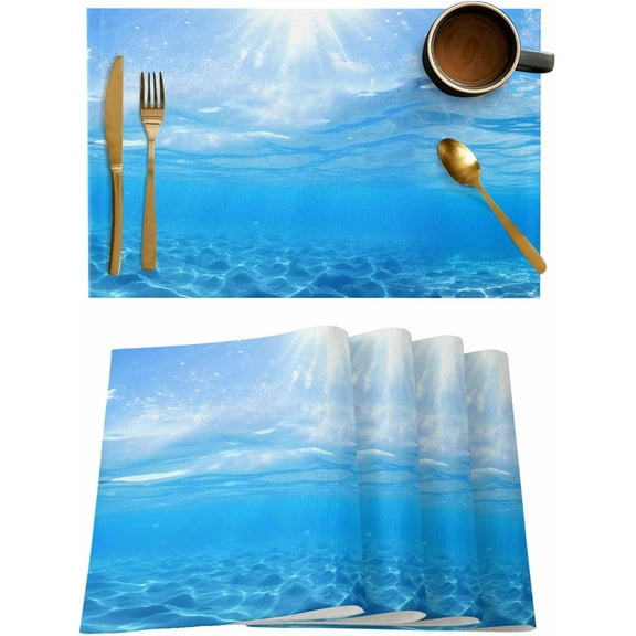 Summer Sea Placemats Set of 4,Washable Woven Burlap Cloth Fabric Placemat for Square/Rectangle/Round/Oval Dining Table,Easy Clean Place Mats for Toddlers,Kids Fantasy Gradual Solid Blue Ocean Seawater
