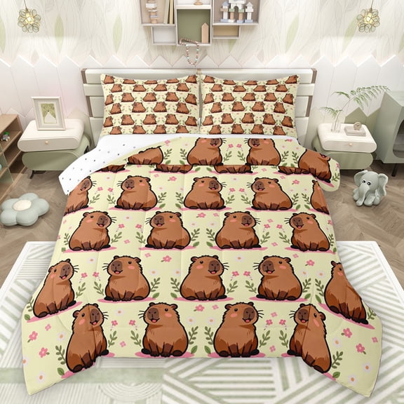 Manfei Cute Flower Capybara Bedding Comforter Set 2pcs for Children Teens,Cartoon Floral Animal Twin Comforter Sets Microfiber,Spring Garden Breathable Bedding Set,Ultra Soft Home Decor,Reversible