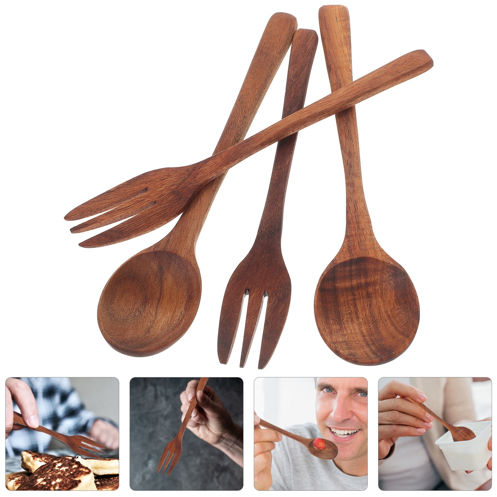 HOMEMAXS 3 Sets  of Wooden Spoon Fork Kit Reusable Salad Fork Japanese Style Spoon Fork Set Kitchen Utensil