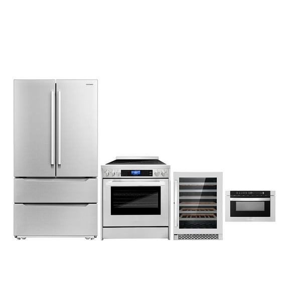 Cosmo 4 Piece Kitchen Appliance Package with 24" Built-In Microwave Drawer 30" Freestanding Electric Range 24" Built-in Integrated Dishwasher & French Door Refrigerator Kitchen Appliance Bundles