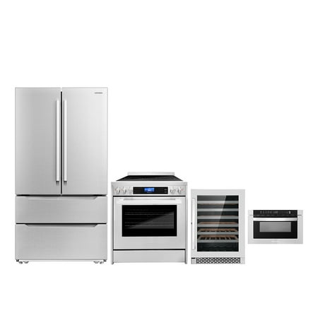 Cosmo 4 Piece Kitchen Appliance Package with 24  Built-In Microwave Drawer 30  Freestanding Electric Range 24  Built-in Integrated Dishwasher & French Door Refrigerator Kitchen Appliance Bundles