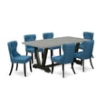 thumbnail image 6 of East West Furniture V697SI121-7 7-Pc Dining Room Table Set- 6 Dining Room Chairs with Blue Linen Fabric Seat and Button Tufted Chair Back - Rectangular Table Top & Wooden Legs - Cement and Black..., 6 of 10