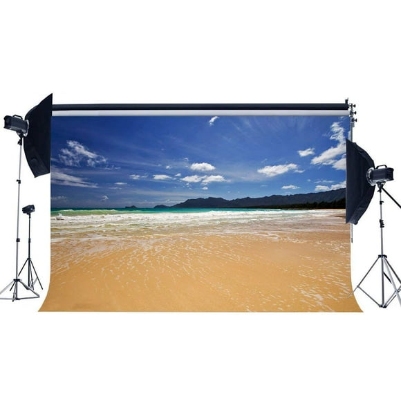 BSDHOME Polyester 7x5ft Sand Beach Backdrop Seaside Blue Sky White Cloud Waves Island Nature Summer Journey Ocean Sailing Romantic Photography Background Girls Lover Wedding Party Photo Studio Props