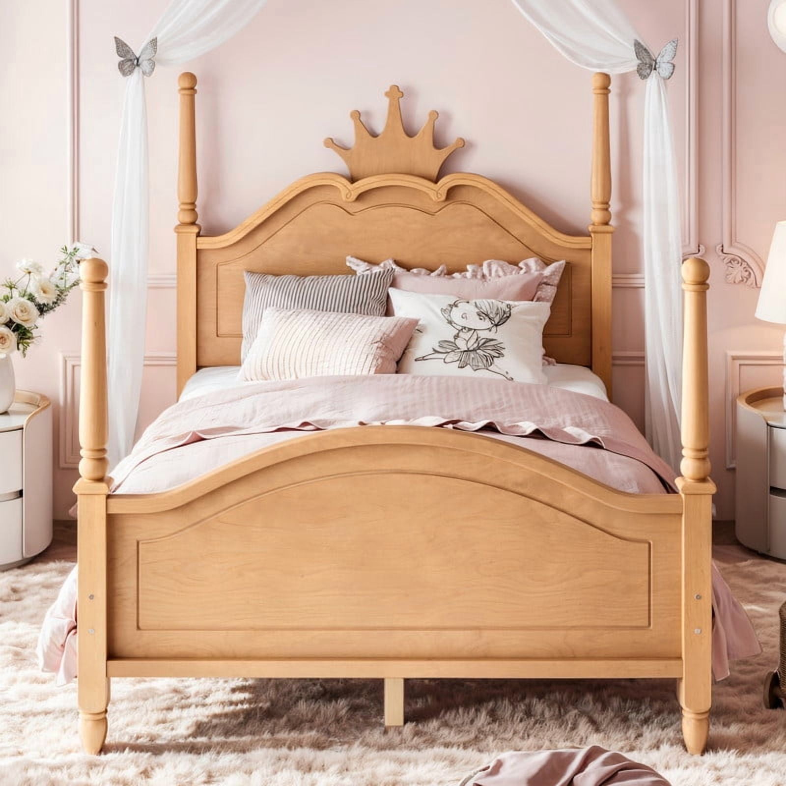 Full Size Kids Low Profile Platform Bed, Curved Footboard Four Poster Bed, Wooden Princess Bed Frame with Crown Shaped Headboard
