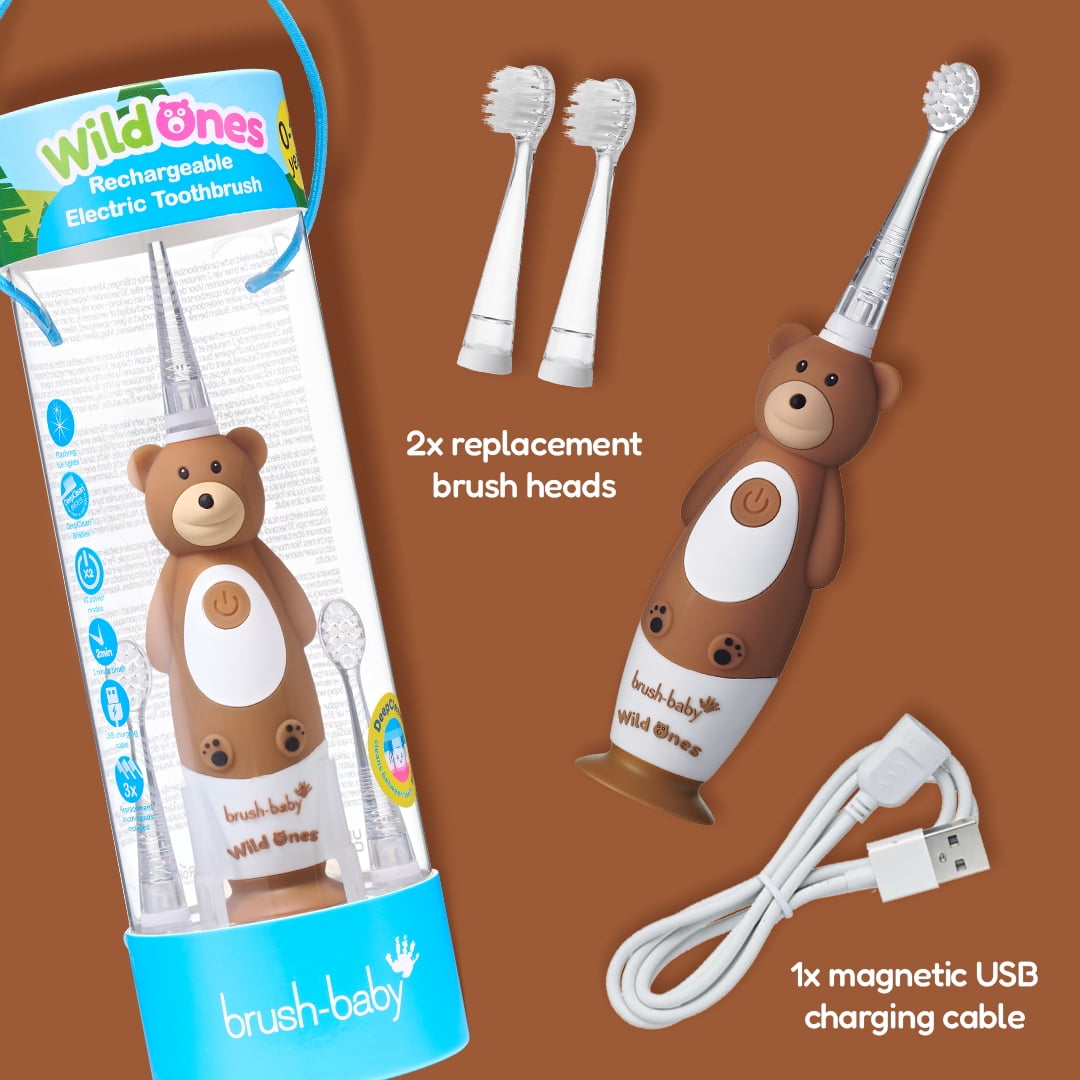 Brush-Baby WildOnes Bear Kids Electric Rechargeable Toothbrush, Extra Soft Bristles, Waterproof, Timer