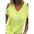 thumbnail image 4 of Women Summer Cold Shoulder Star Print Plus Size T-Shirt V Neck Solid Color Top, 4 of 7