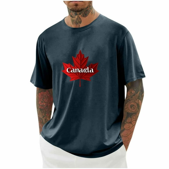 Amzcrzy Mens T-Shirts Plus Size S-5XL Fashion Maple Leaf Print Canada Day Tee Summer Casual Short Sleeve Round Neck Workout Shirts for Men Loose Comfy Athletic Shirts