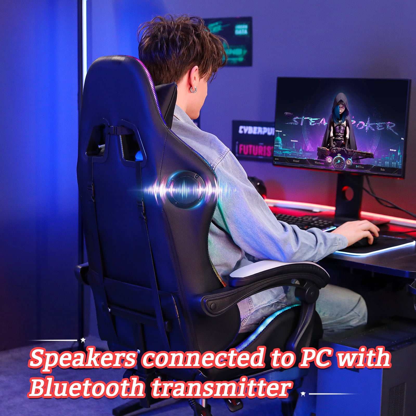 Hoffree Gaming Chair with Bluetooth Speakers and Footrest Massage Office Chair with LED Lights Ergonomic Game Chair High Back with Lumbar Support and Headrest Adjustable Swivel for Adults 300lb