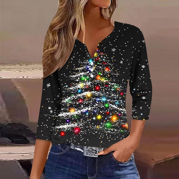Puntoco Blusa informal de cuello redondo con mangas 3/4 cortas y estampado a la moda para mujer