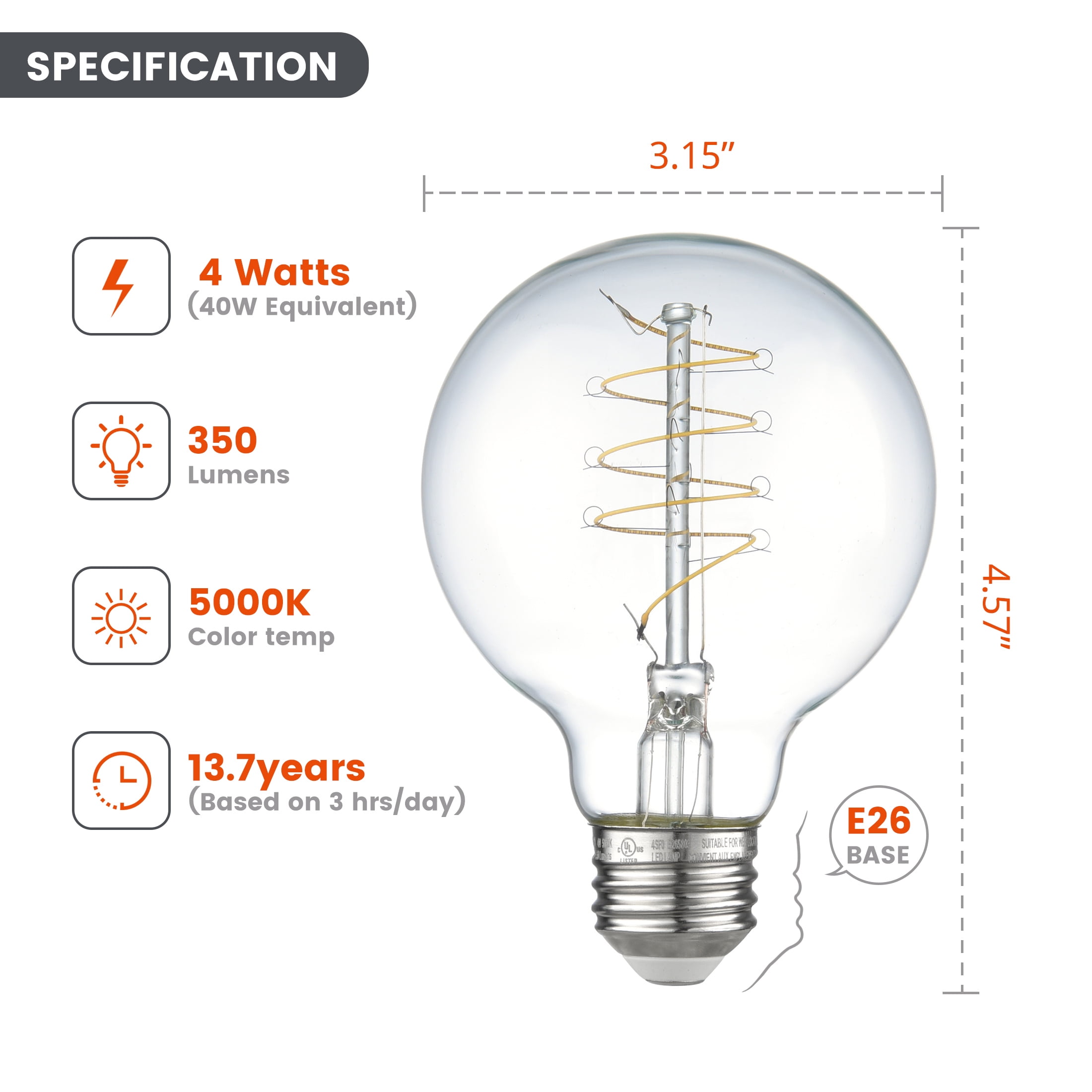 (2 pack) Better Homes & Gardens G25 LED Vintage Light Bulb, 4 Watts (40W Equivalent), Daylight, Thin Filament, E26, 2PK