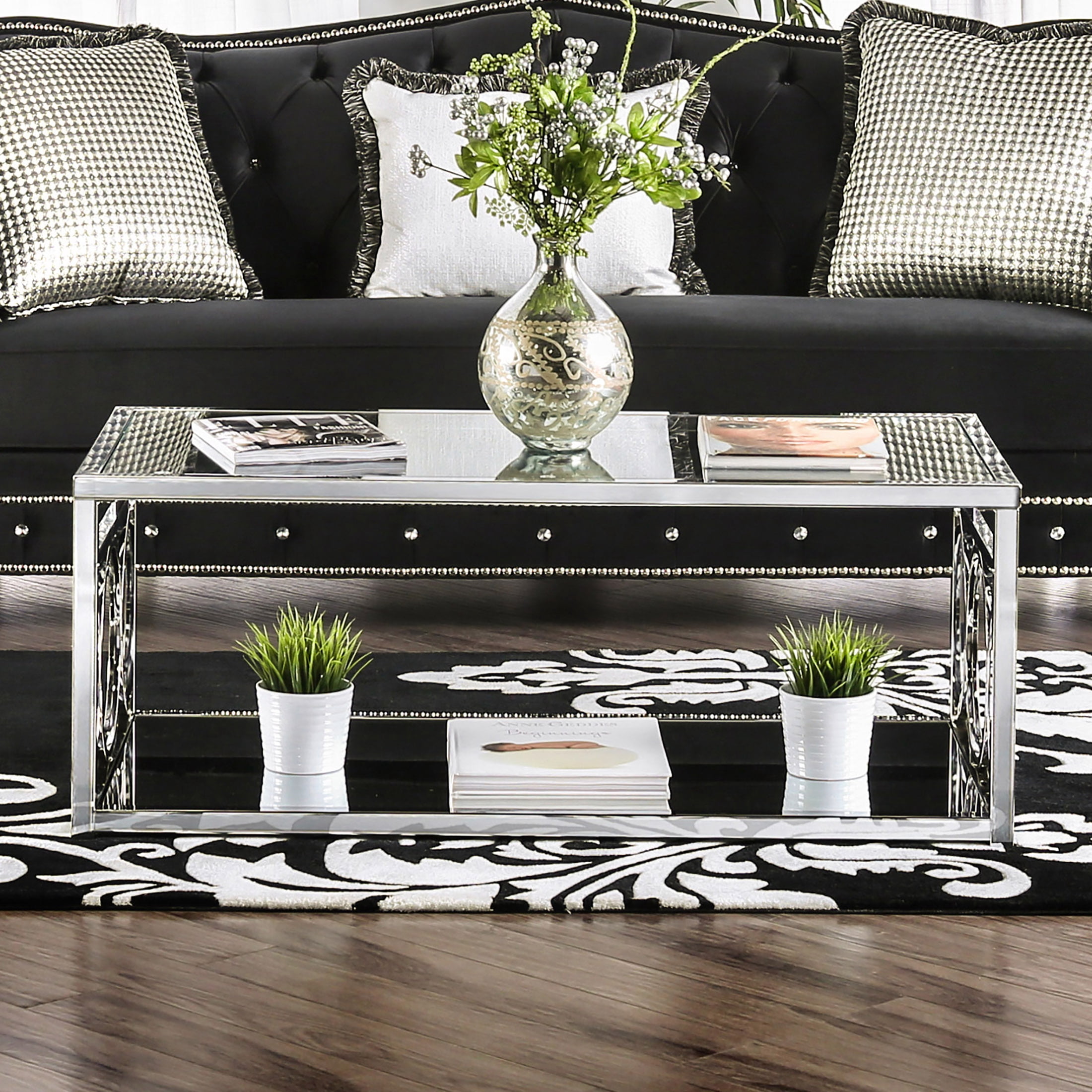 Furniture of America Hirsh Glass Top Coffee Table, Chrome