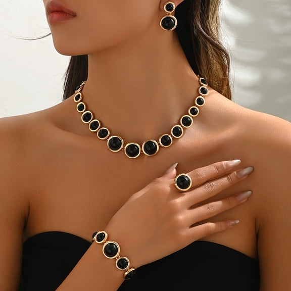 JUSIP Four-Piece Women's Jewelry Set with Black Round Rhinestone Gradient Necklace, Earrings, Ring, and Bracelet - Stylish Classic Design for Daily Wear or Evening Events