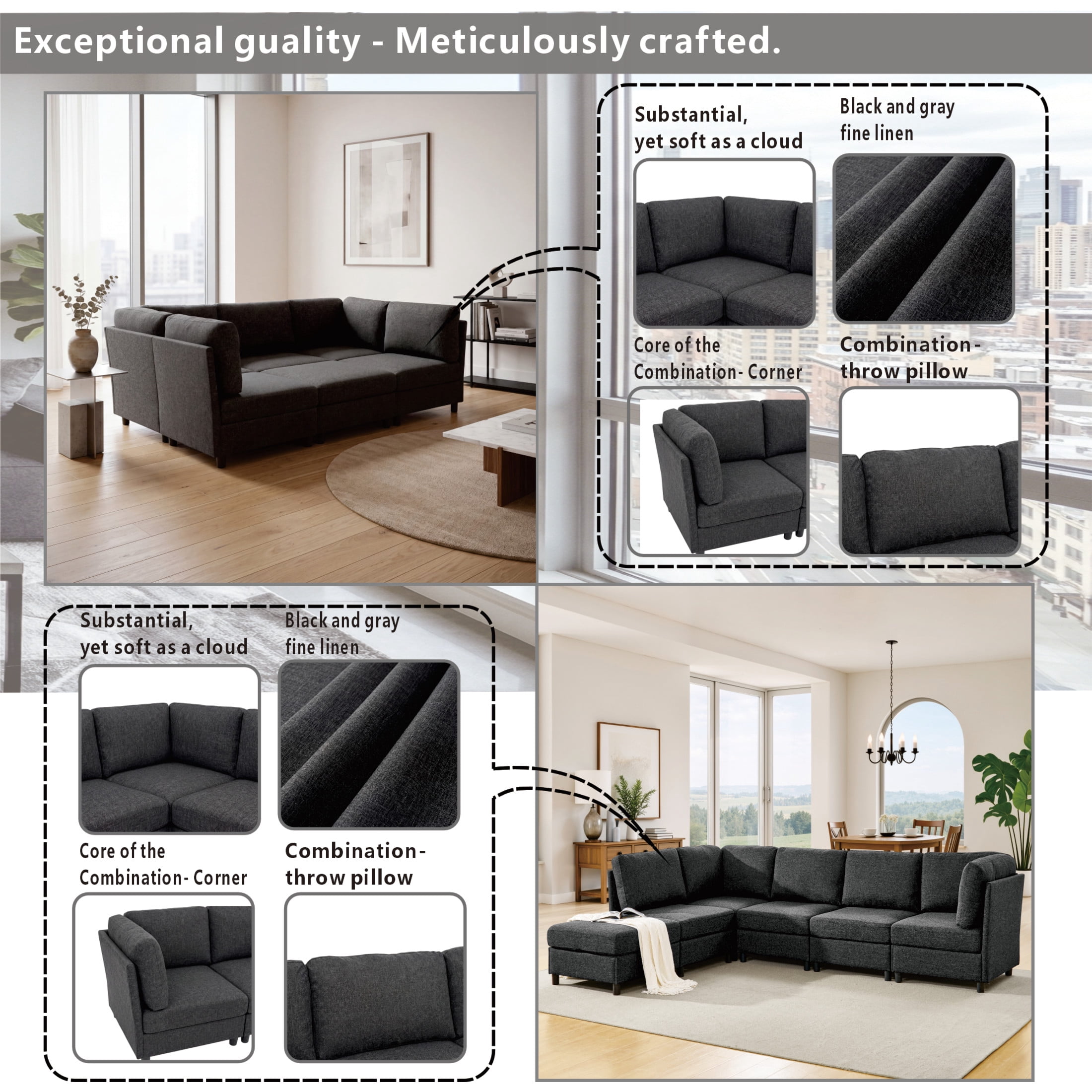 Noble House Modular Sectional Sofa with Convertible Ottoman, 6-Seat Corner Couch, Dark Gray