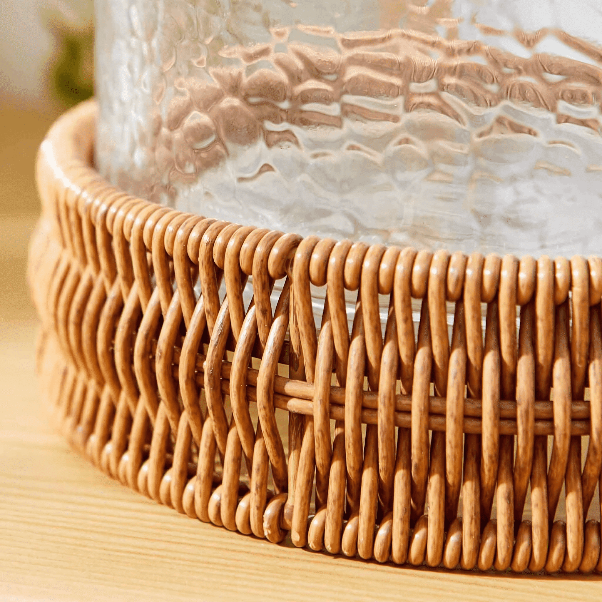 Better Homes & Gardens 7" Decorative Clear Hammered Glass Hurricane Pillar Candle Holder with Brown Woven Base