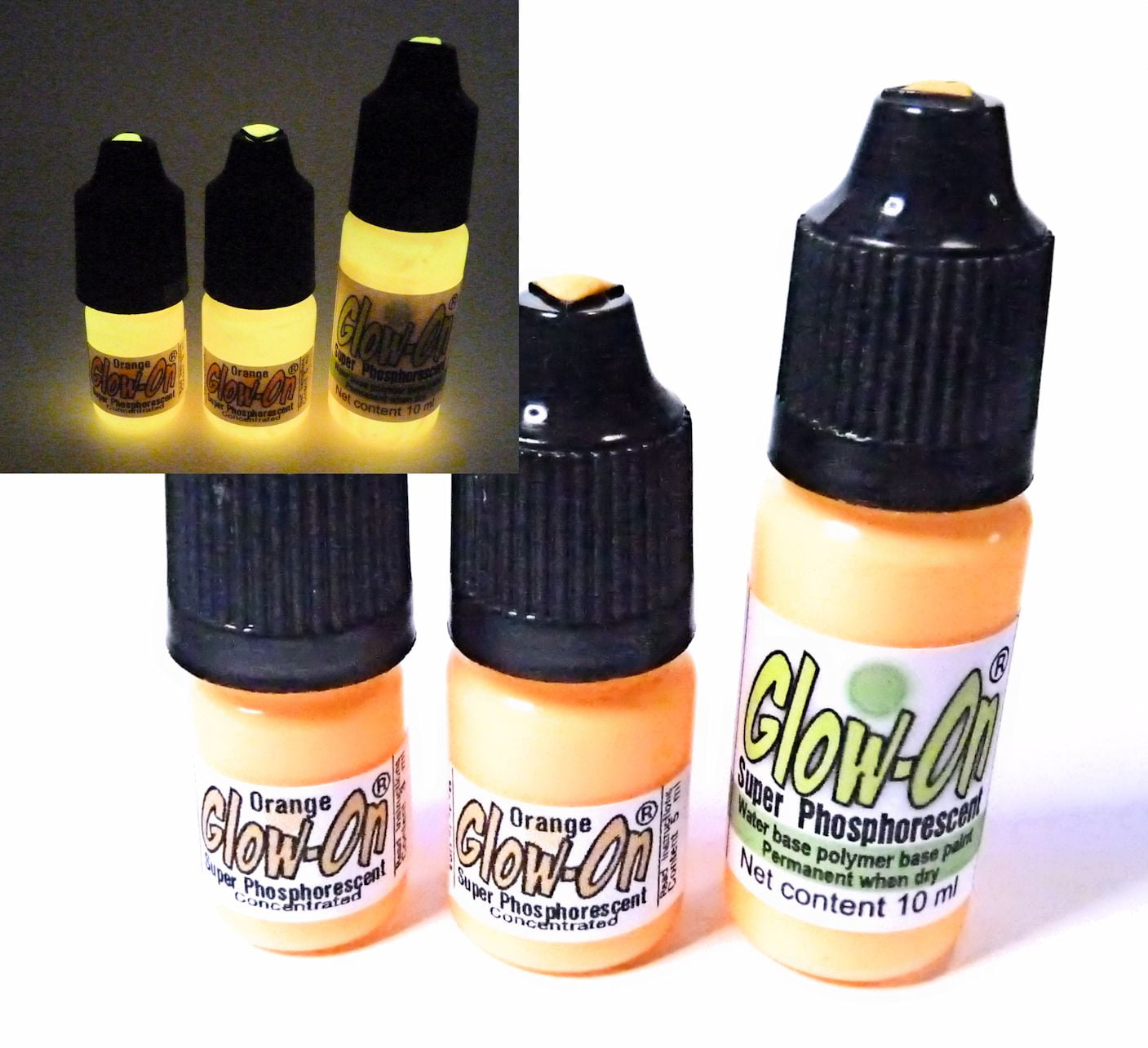 Glow On Super Phosphorescent Paint With Tip Applicator, Orange Color, Orange Glow, Large 10 ml Bottle.