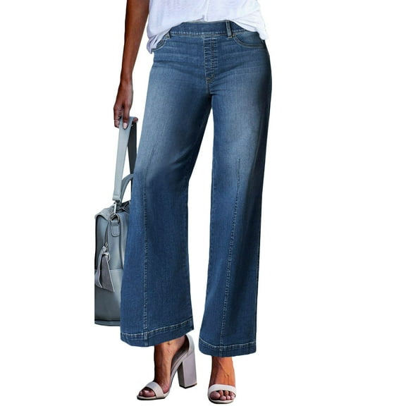 IYYVV Wide Leg Jeans for Women Trendy Stretch Straight Leg Elastic High Waisted Denim Pants Baggy Pull On Jeans for Women with Pockets Blue 2XL