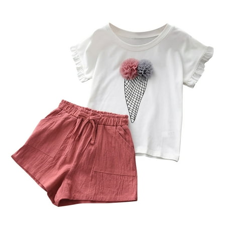 

simu Valentines Day Girls Outfits Mesh Short 2PCS Outfits Kids Girls T-shirt Toddler Sleeve Baby Patched Set Ruffle + Clothes Trim Tee Shorts Girls Outfits&Set for Birthday Wedding