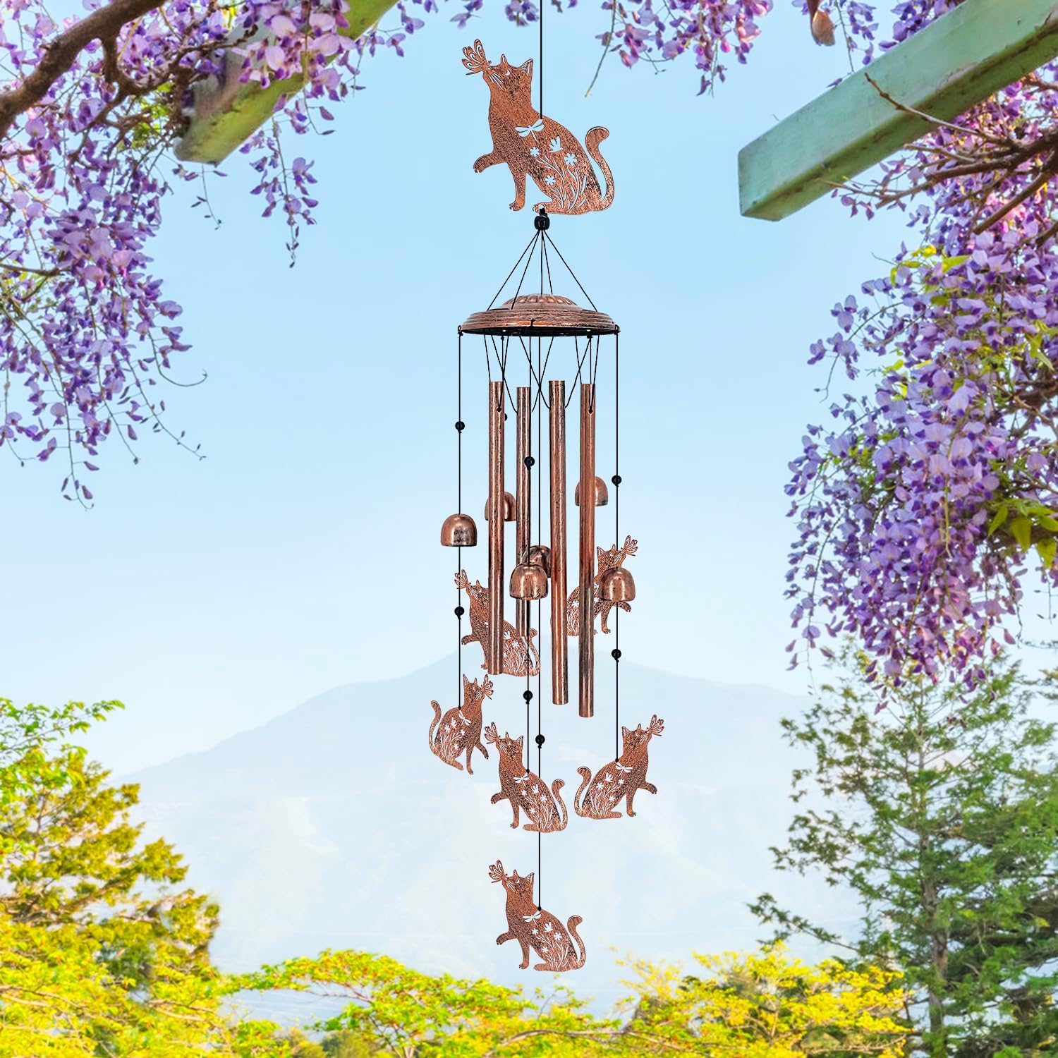 Cat Wind Chimes Outdoor Metal, Handmade Garden Windchime with Aluminum Tubes Bells, Antique Bronze Cat Decor for Patio Porch Yard, Cat Lover Gifts for Women Men(wwx)
