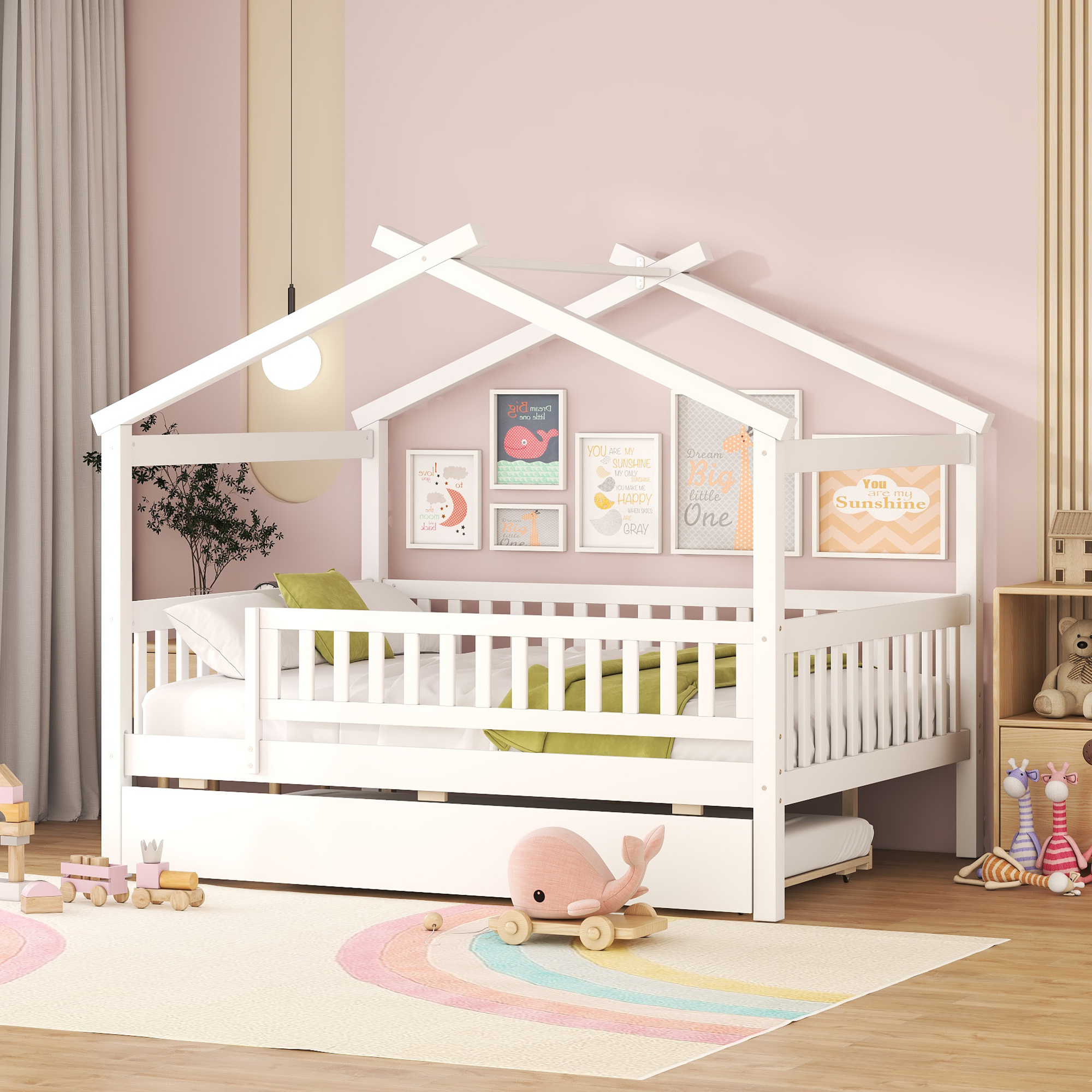 Euroco Full Size House Bed with Trundle, Canopy Low Profile Bed for Kids, White
