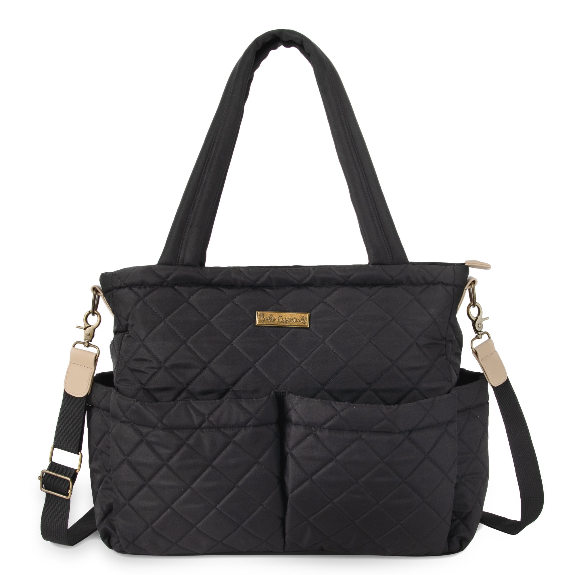 Baby Essentials 3 Piece Multi-Pocket Quilted Diaper Bag Tote with Removable Luggage Strap and Matching Changing Pad in Black