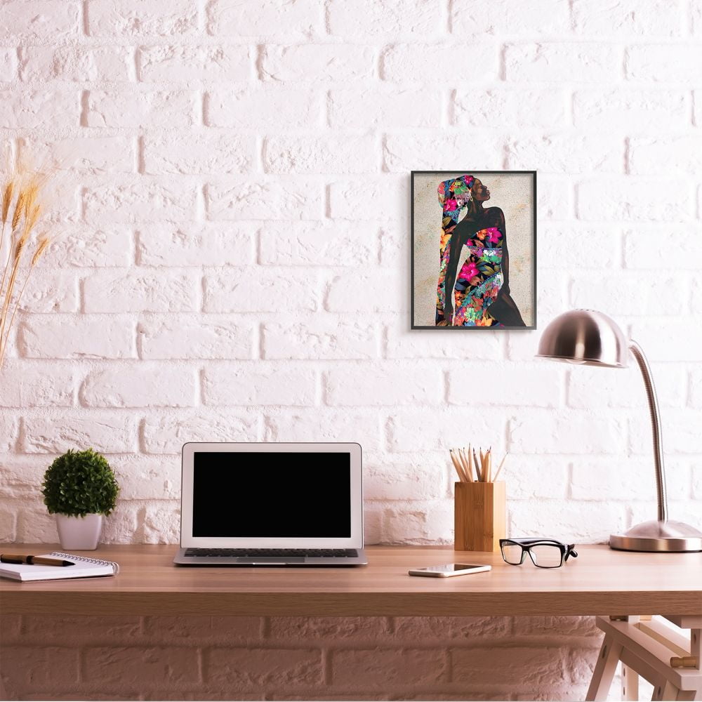 Stupell Industries Elegant Female Tropical Floral Dress Strength Pose Framed Wall Art Design by Alonzo Saunders, 11" x 14", Black Framed
