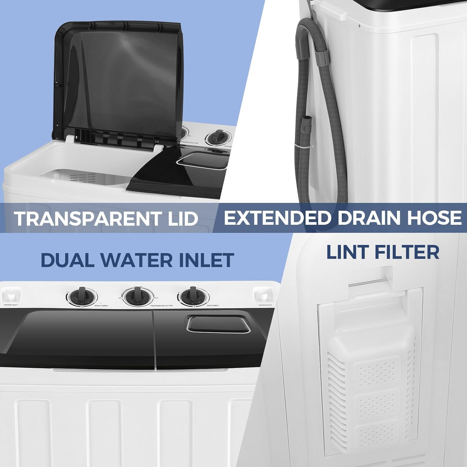Adnoom Portable Washer 30lbs, 2-in-1 Twin Tub Washer & Dryer Combo Compact Semi-Automatic Washing Machine with Drain Pump, Black