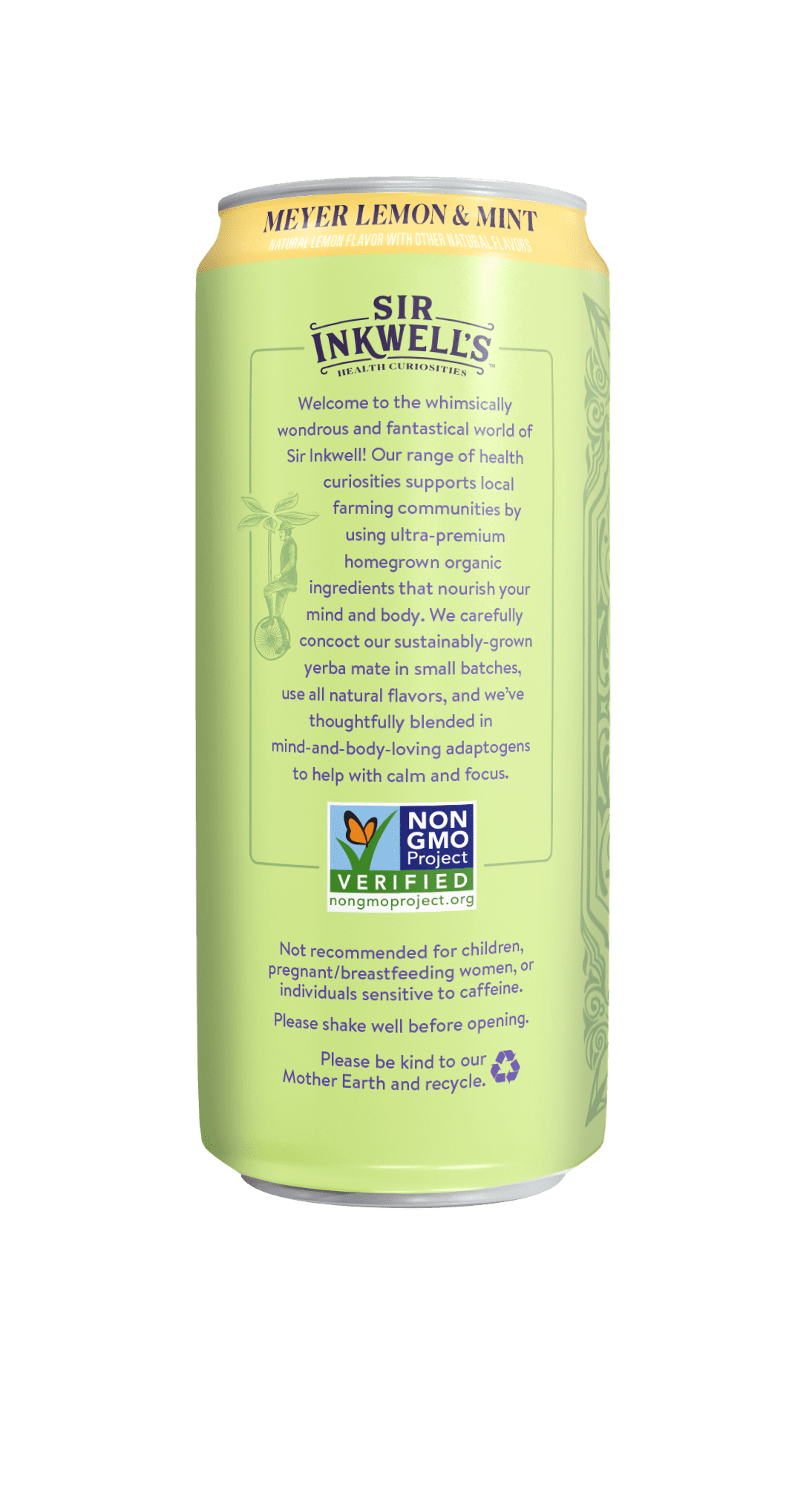 Sir Inkwell's Adaptogen Yerba Mate Tea, Meyer Lemon & Mint Flavor, 16 oz, 12 Pack