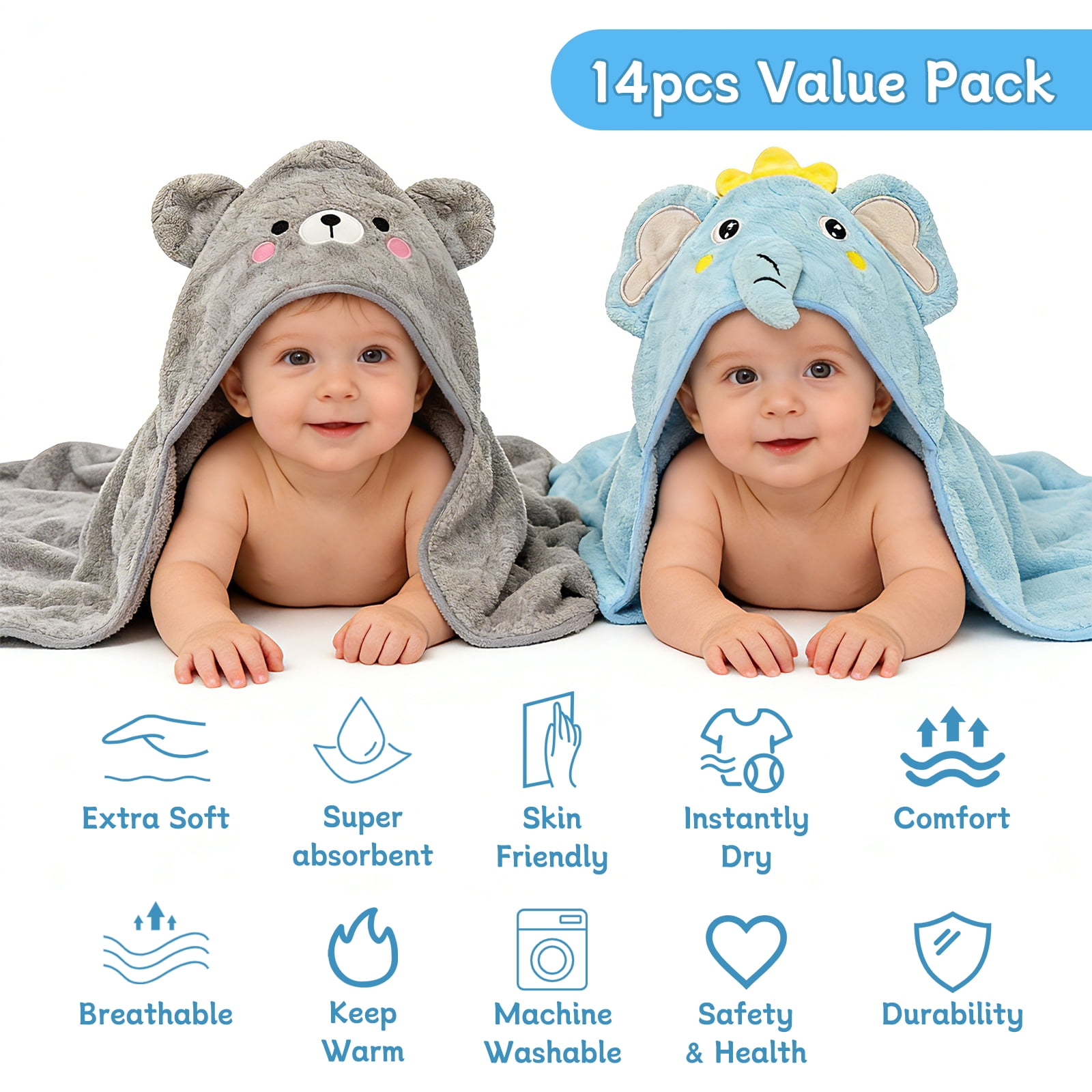 14 PCS Baby Towels, 4 PCS Soft Hooded Baby Towels & 10 PCS Washcloths, Baby Bath Towels for Newborns, Infants & Toddlers- Ultra Absorbent, Cute Baby Towel Gift for Boys