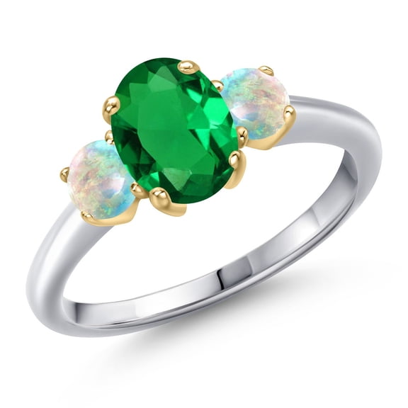 Gem Stone King 10K Two Tone Gold Green Nano Emerald and Simulated White Opal Engagement Ring for Women | 1.25 Cttw | Oval 8X6MM | Gemstone May Birthstone | Size 8