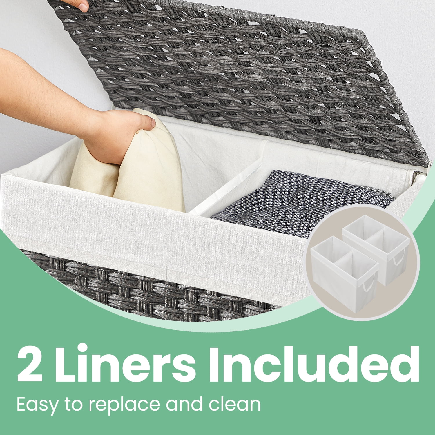 LEDREM Double Compartment Laundry Hamper with Lid - 90L Capacity, 2 Removable Washable Liners, 6 Mesh Bags, Steel Frame & Wicker, Design for Bathroom Storage, Gray