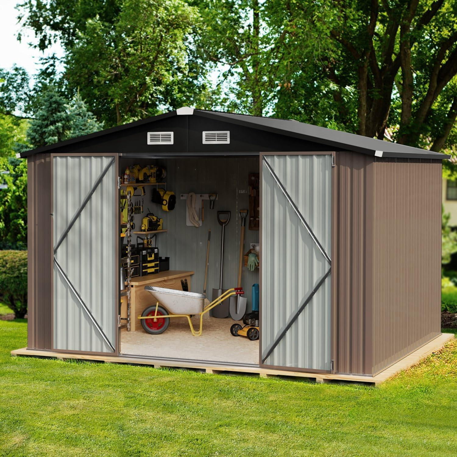 Metal Outdoor Storage Shed 9.7' x 7.6', Outdoor Metal Shed with Base Frame for Tool, Garden, Bike, Brown