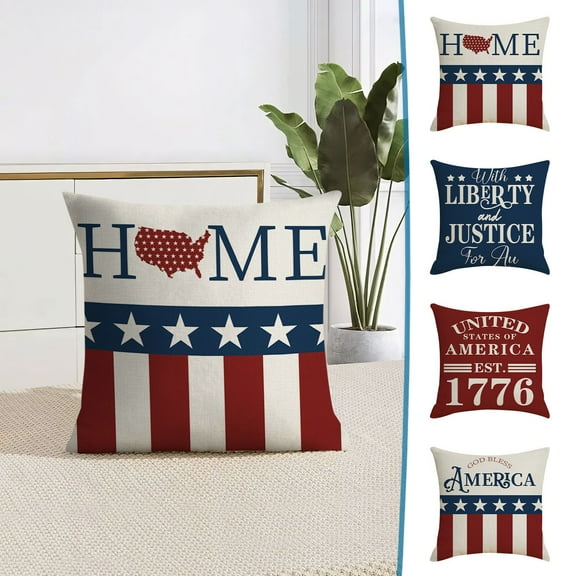 4th of July PALIFEUR Pillow Covers, Indeoendence Day Linen Throw Pillow Covers, 18 x 18 Inch Patriots Pillow Case for Sofa Bedroom Coffice, Decorative Pillow Cover