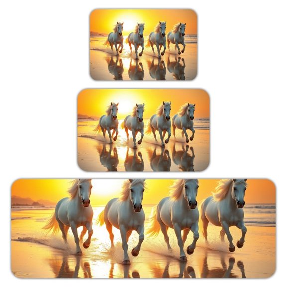 RKSupls Kitchen Rug Set 3 Piece Anti-Slip Flannel Floor Mats, White Horses Running Washable Absorbent Runner Mats for Kitchen Bathroom Home Decor