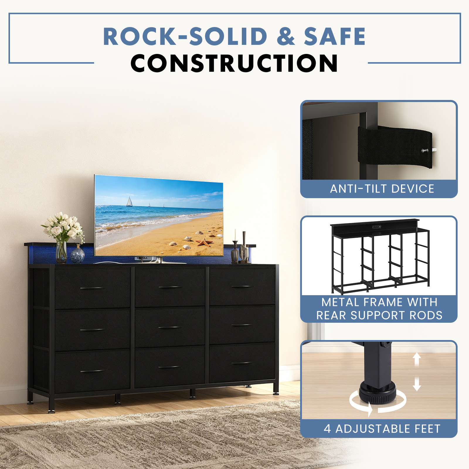 edx 9-Drawer Fabric Dresser TV Stand, Multifunctional Storage Cabinet with Power Outlets & LED Light, Black