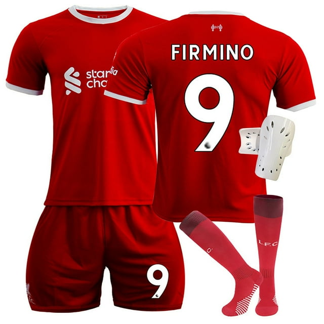 Sien Maillot de Soccer Domicile Ligue de Soccer 2324 Liverpool, Rouge Profond 9 FIRMINO Manches Courtes Col Rond, Ensemble de 4 Pcs pour Sports de Loisirs Adultes, 9/TP