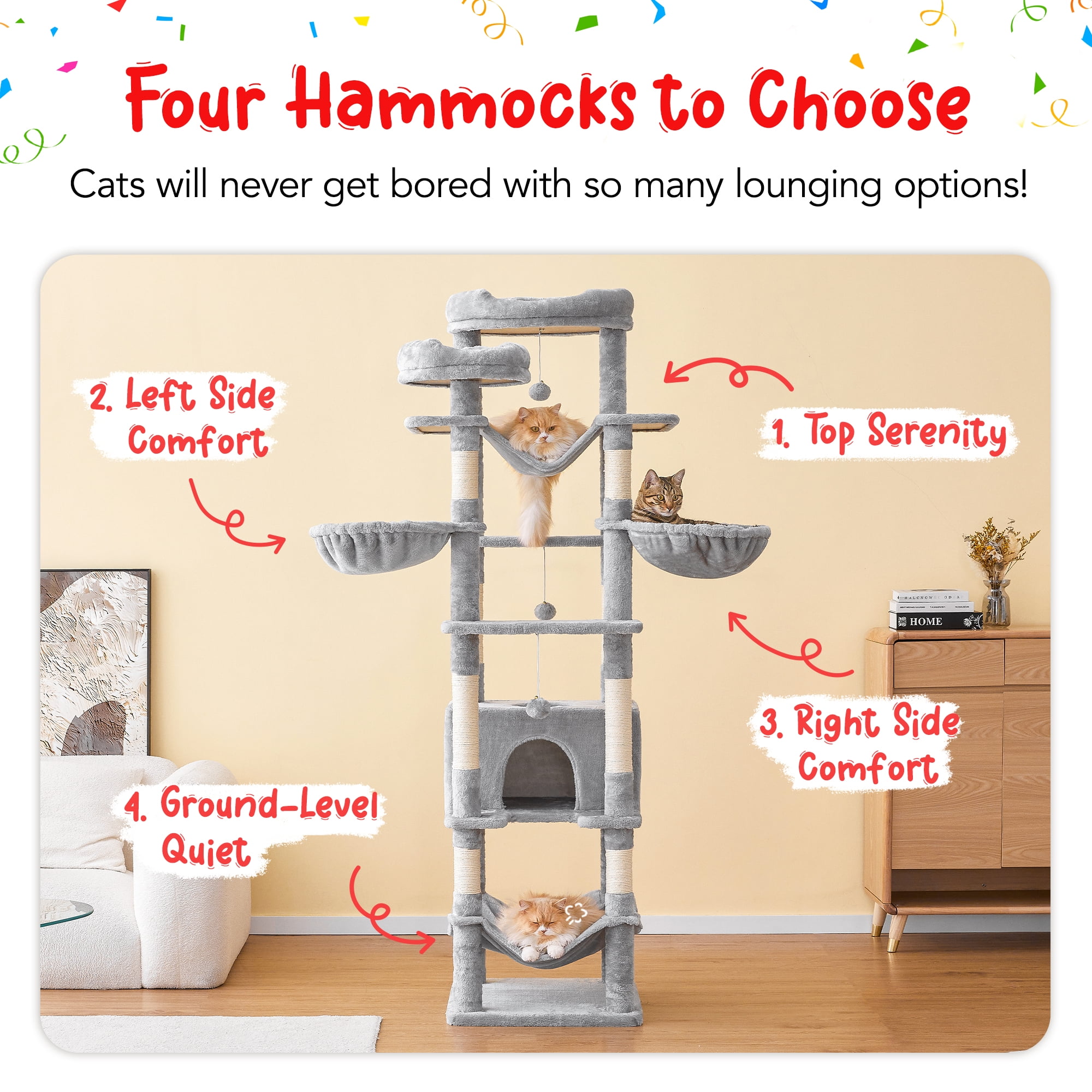 Furcato 77-Inch Cat Tree for Indoor Cats, Multi-Level Large Cat Tower with 4 Hammocks, 2 Padded Perches, Large Cat Condo, Light Gray