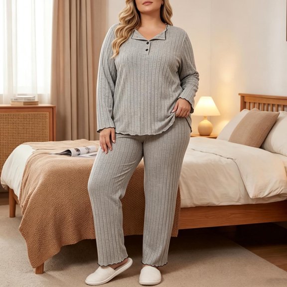 Karymi Plus Size Women Ribbed Knit Pajama Set, Long Sleeve Notched Collar Sleep Top with Half Button Placket and Wavy Scalloped Trim, Solid Elastic Waist Straight Leg Long Pants with Scalloped Hem