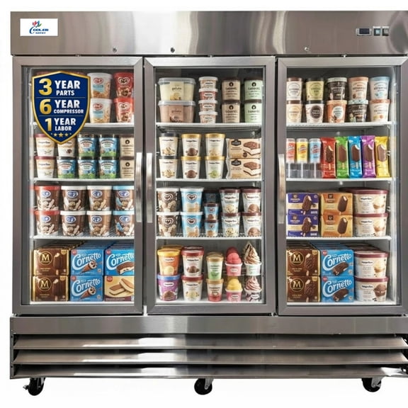 Cooler Depot 81in. 72 Cu. Ft. 3 Glass Door Commercial Reach-In Upright Freezer Display,NSF, Stainless Steel, Bottom Mount