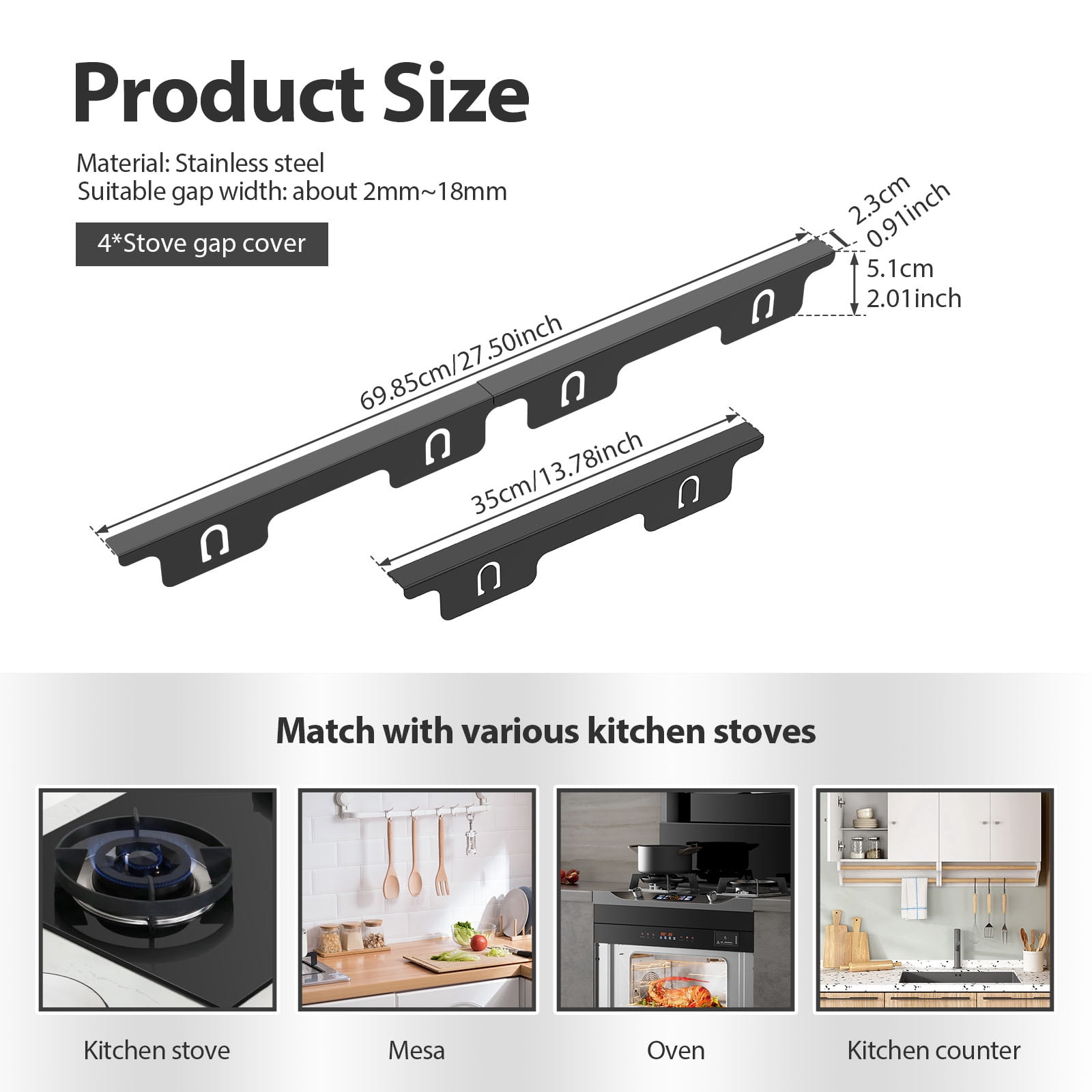 Stainless Steel Stove Gap Covers Stretchable Counter Filler Guard Removable Oven Side Protection (black )
