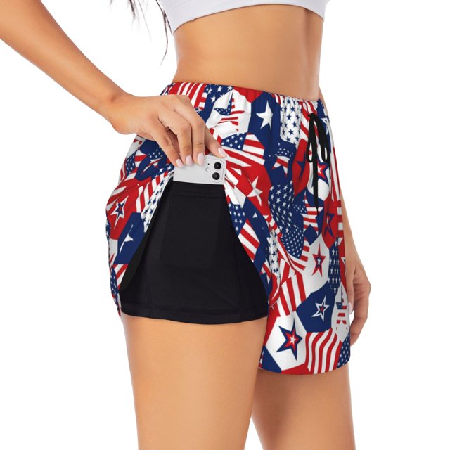 Balery American Stars2 Pantalones cortos deportivos para mujer con forro y dos bolsillos, elásticos, para entrenamiento, gimnasio, yoga-XX-Large