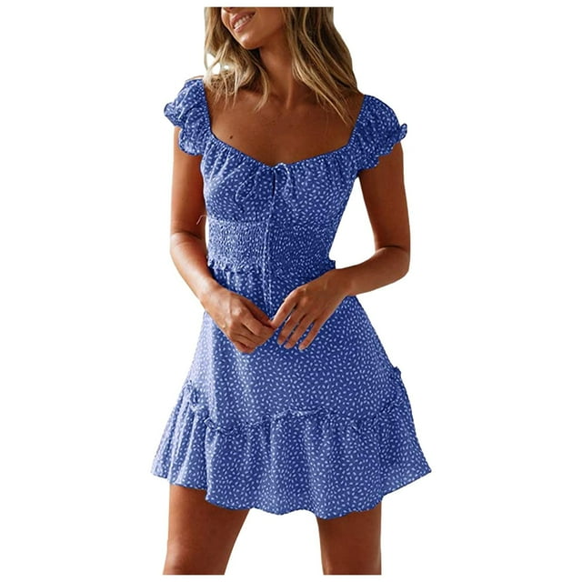 Kcodviy Robe d'Été Robe Mini Robe Maxi pour Femmes Encolure Manche Imprimé Plissée Longueur Genou Robes d'Été Robe pour Femmes