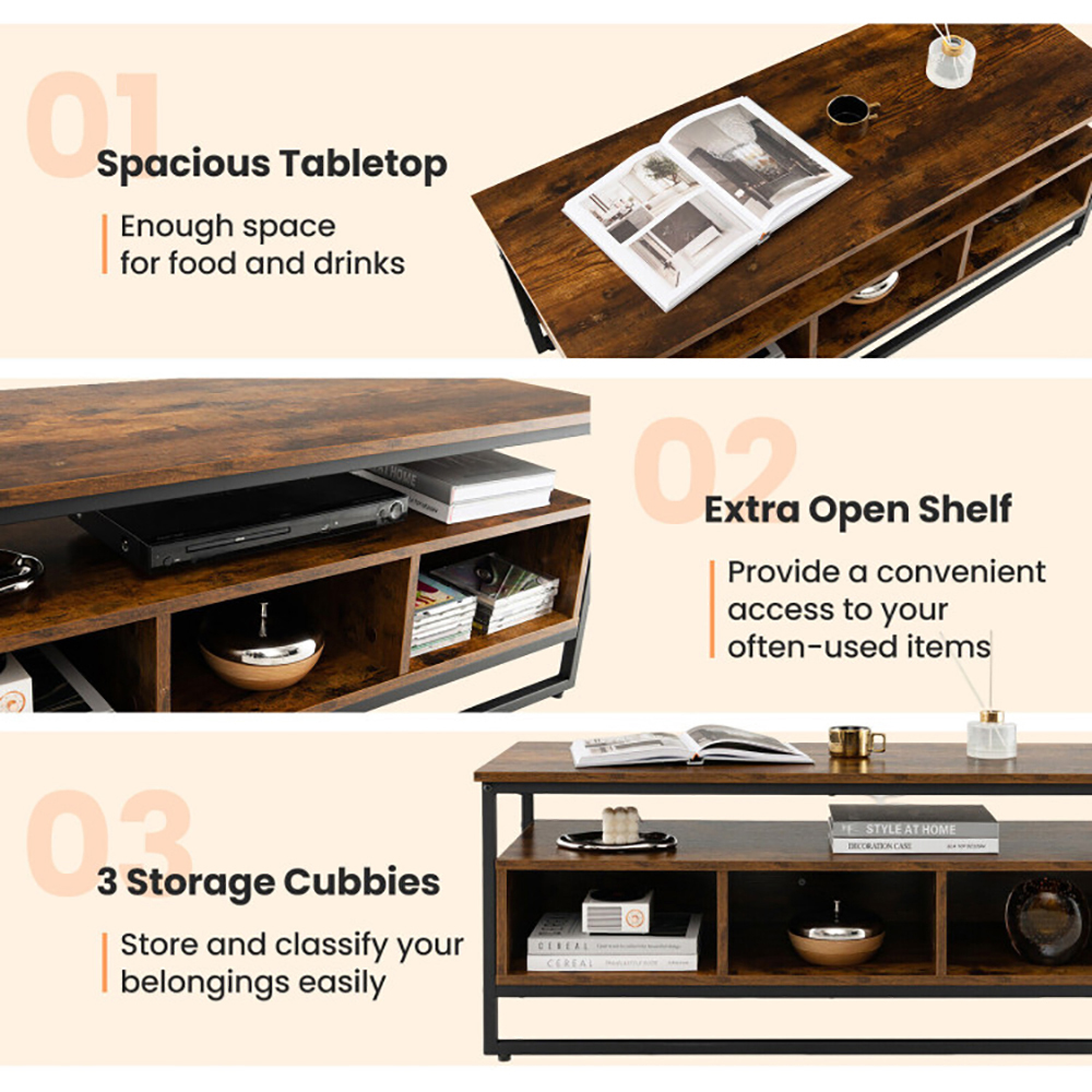 Finihen Industrial Coffee Table, 3-Tier Industrial Style Coffee Table with Open Shelf and 3 Storage Cubbies, for Living Room, Reception Room, Office, Rustic Brown Finihen Industrial Coffee Table, 3-Tier Industrial Style Coffee Table with Open Shelf and 3 Storage Cubbies, for Living Room, Reception Room, Office, Rustic Brown