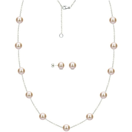 7mm x 8mm Pink Cultured Freshwater Pearl Sterling Silver Station Necklace and Matching Earring Set, 18 with 2 Extender