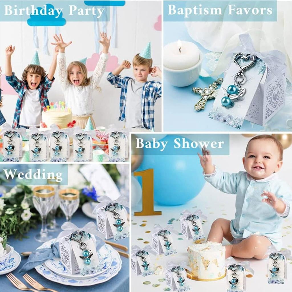 Osdhezcn 144 PCS Keys Rings with Baptism Favor Boxes Kraft Paper Alloy Material for Girls