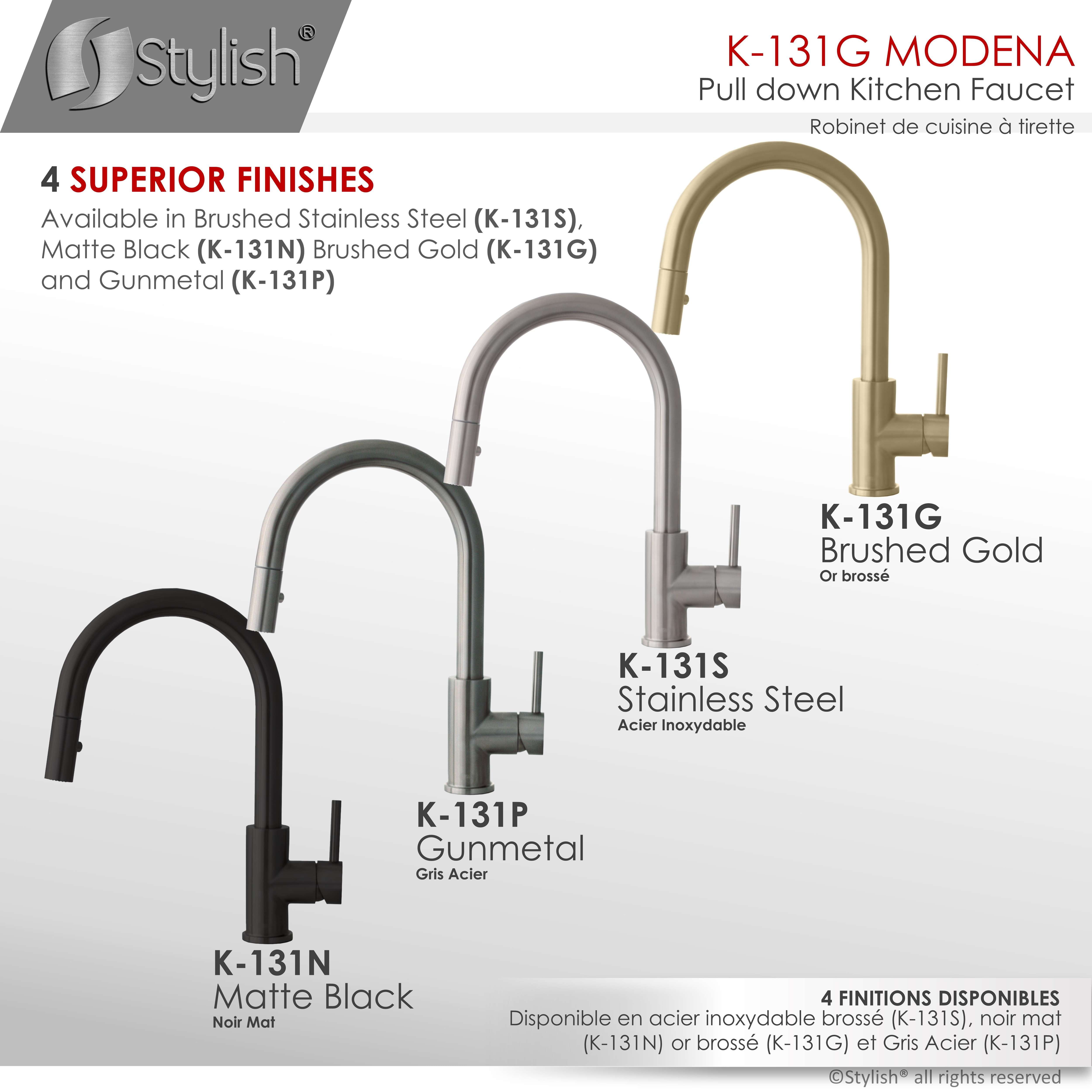 Stylish Modena Ht 14" Brushed Gold Single Handle Pull Down Kitchen Faucet K-131G