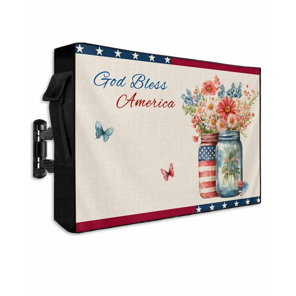 4th of July Outdoor TV Cover 48 to 50 Inch Weatherproof, Independence Day Spring Floral US Flag Rustic 600D Oxford TV Covers with Waterproof Zipper, Outside Flat TV Screen Protector 48"Wx30"Hx4.5"D