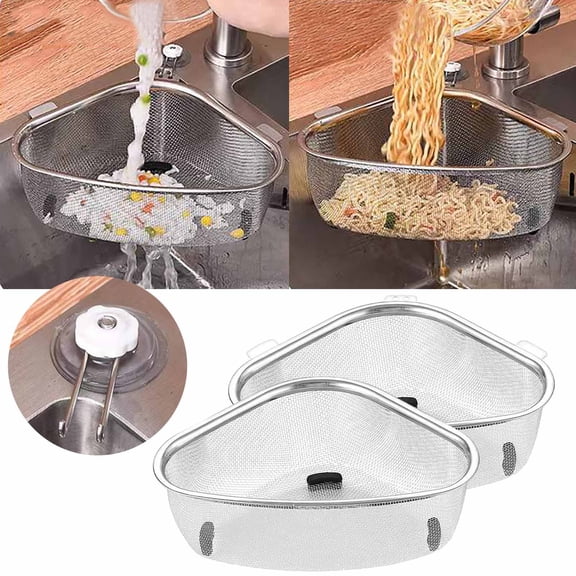 Stainless Steel Sink Strainer Basket with Drain Slots, Corner Dishwashing Organizer for Food Scraps, Sponges, Fruit and Vegetable Rinsing