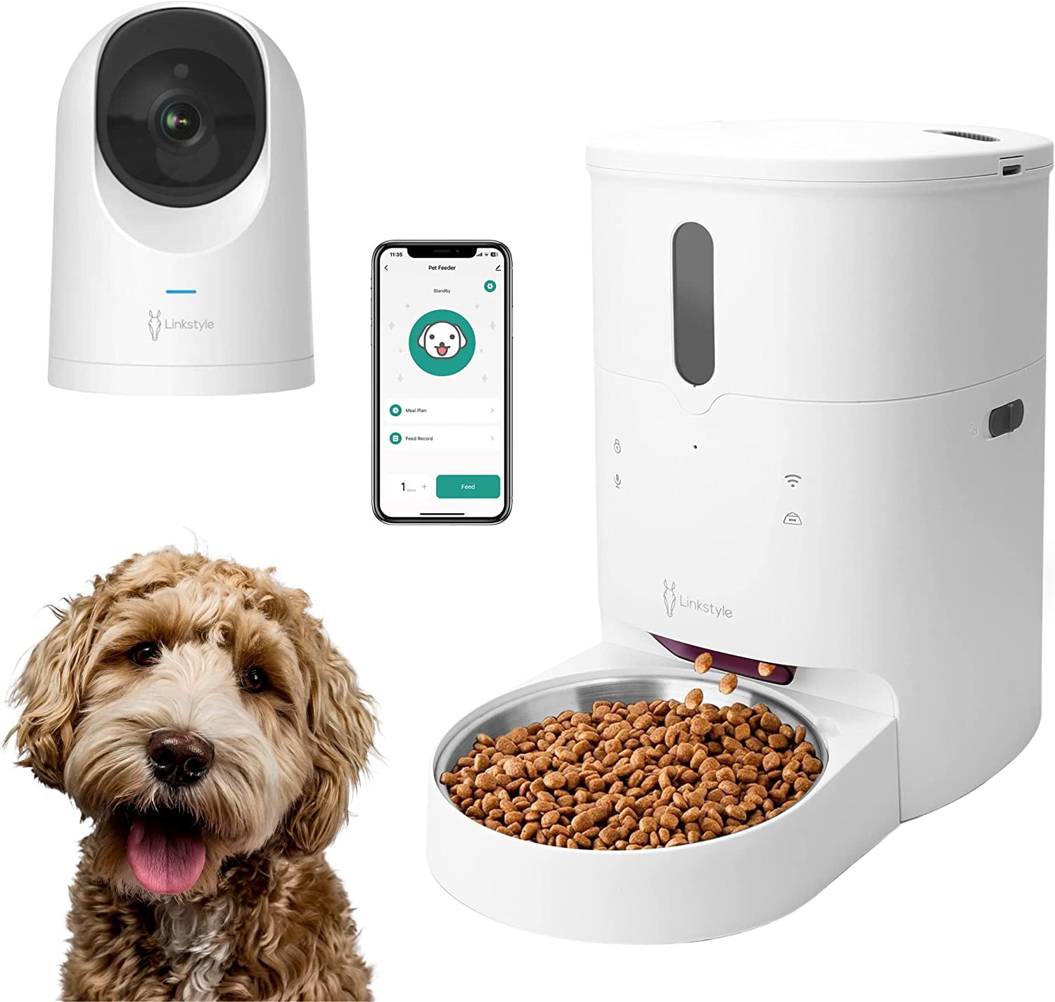 LINKSTYLE BRYN Automatic Cat Feeder with Camera, Smart WiFi Pet Feeder App Control, 2K Indoor Security Camera with Motion Tracking, Two-Way Audio Night Vision, Dog Cat Food Dispenser Bundle
